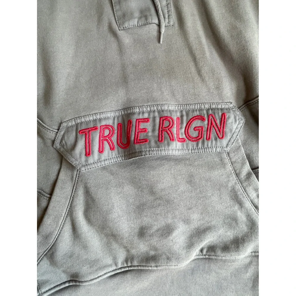 True Religion Mens Gray Moto Embroidered Logo Partial Zip Hoodie Large